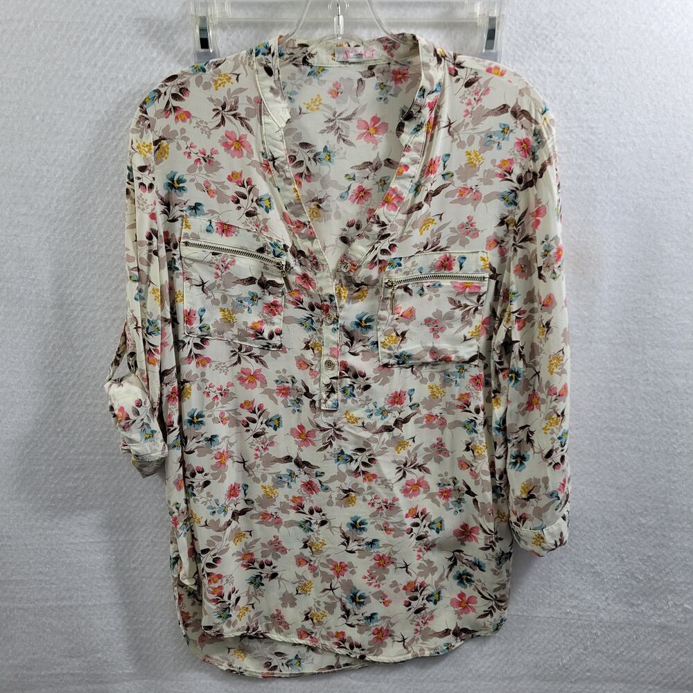 Agaci Women's Floral Blouse Gold Zippered Pockets Size L 11824-0627